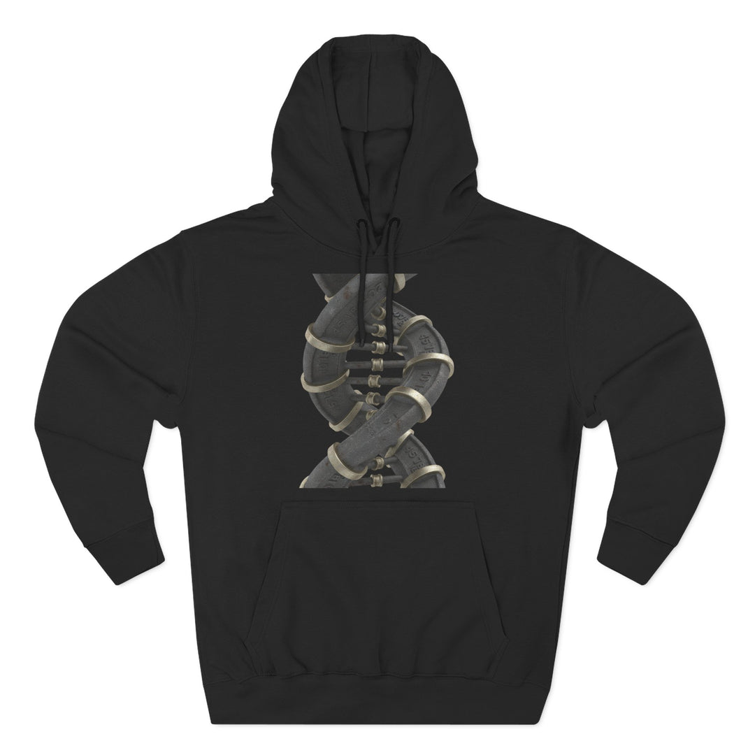 Black Weight DNA hoodie by S&amp;W Gallus featuring a graphic of industrial pipes twisted into a double helix shape.