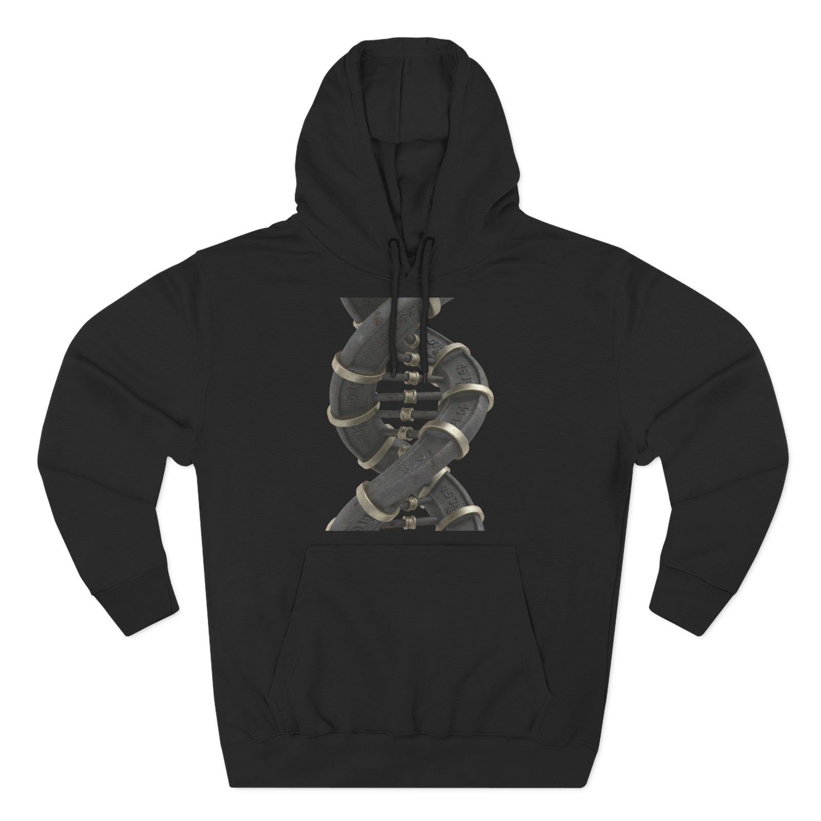 Black Weight DNA hoodie by S&W Gallus featuring a graphic of industrial pipes twisted into a double helix shape.