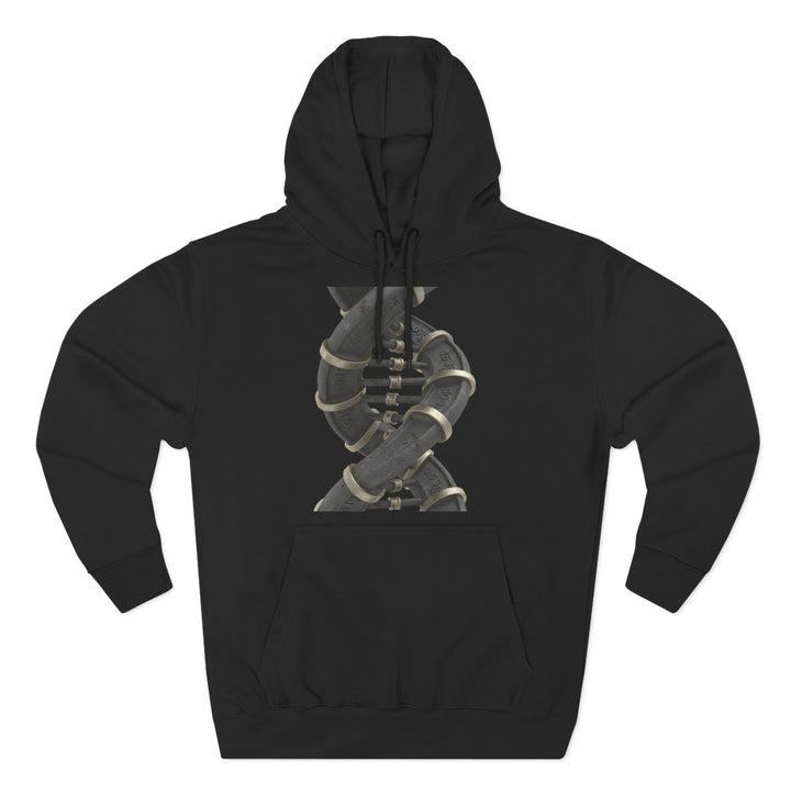 Black Weight DNA hoodie by S&amp;W Gallus featuring a graphic of industrial pipes twisted into a double helix shape.