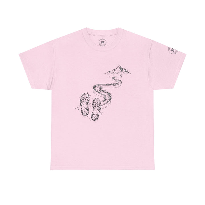 Pink T-shirt by S&amp;W Gallus featuring a graphic of hiking trail leading to mountains and shoe prints.