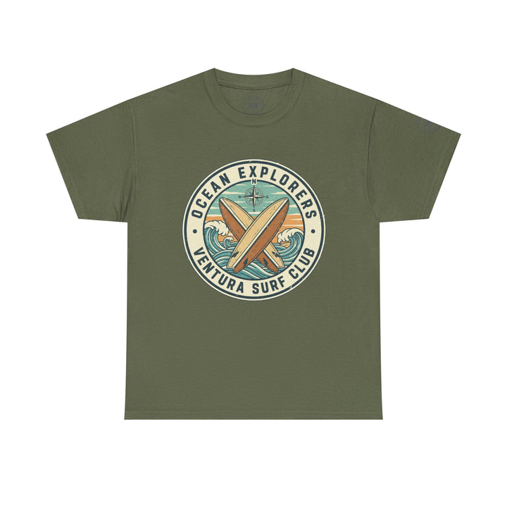 Olive-green t-shirt by S&amp;W Gallus, featuring a round graphic design with crossed surfboards and wave illustrations.