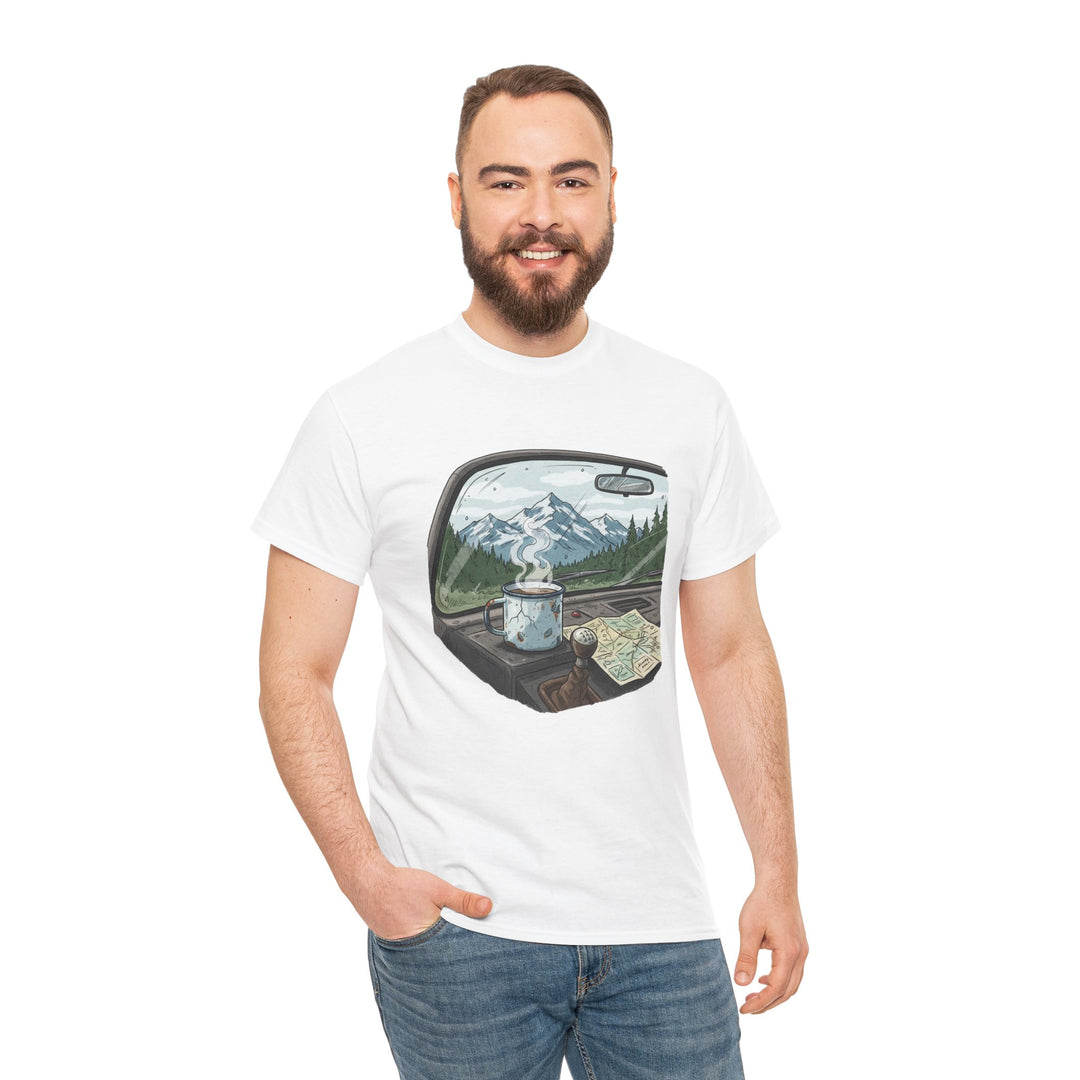 Van Roadtrip View T-Shirt featuring a scenic travel-inspired design. Soft cotton comfort perfect for van life, road trips, and outdoor adventures.