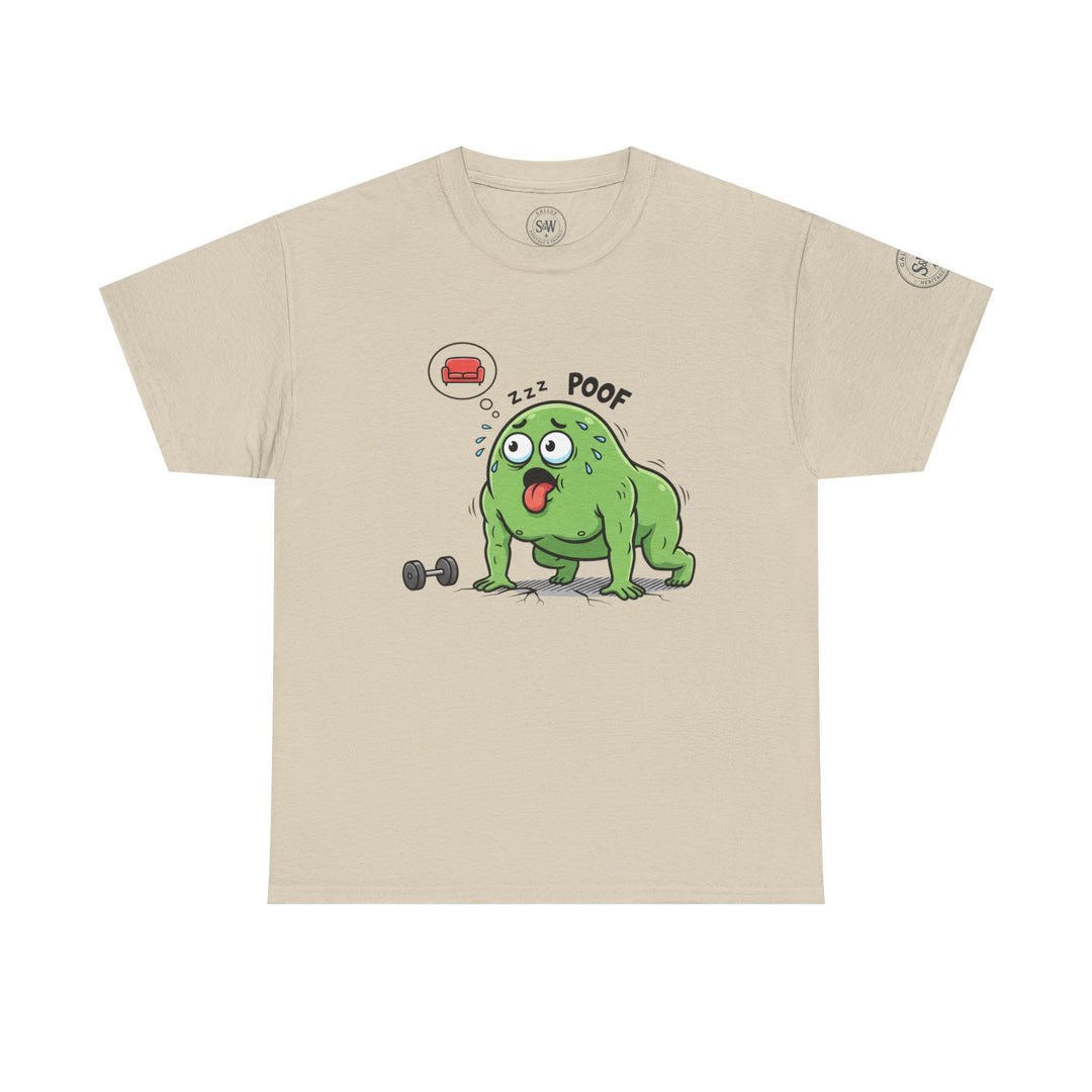 Beige t-shirt by S&amp;W Gallus featuring a cartoon of a tired, sweaty green blob after a workout.