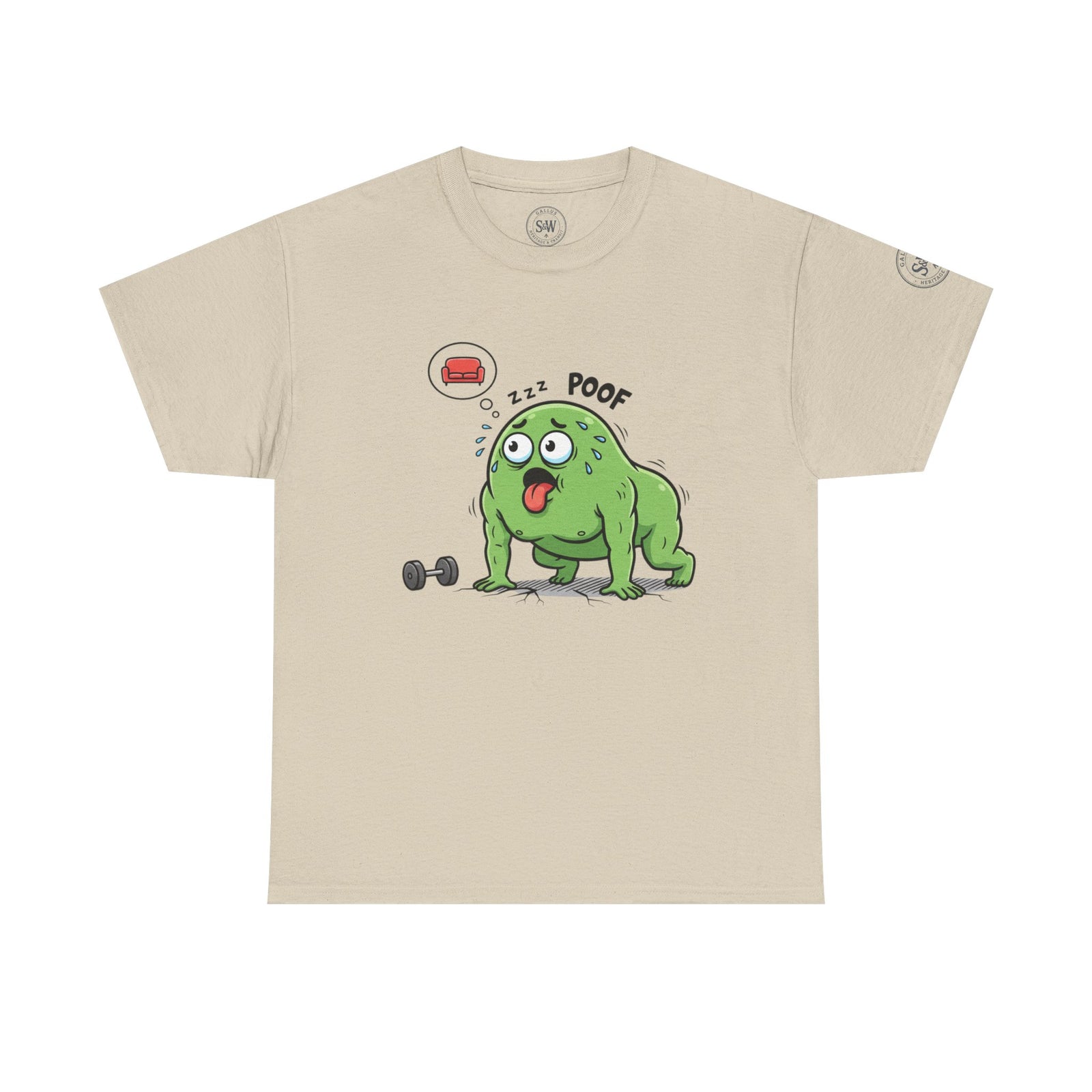 Beige t-shirt by S&W Gallus featuring a cartoon of a tired, sweaty green blob after a workout.