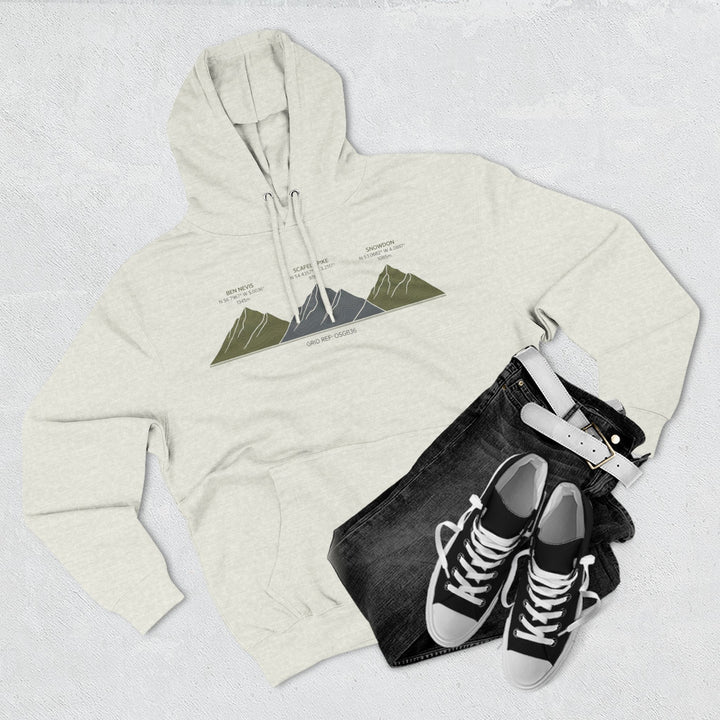 Three Peaks Challenge Graphic Hoodie — Retro UK Mountain Heritage Pullover