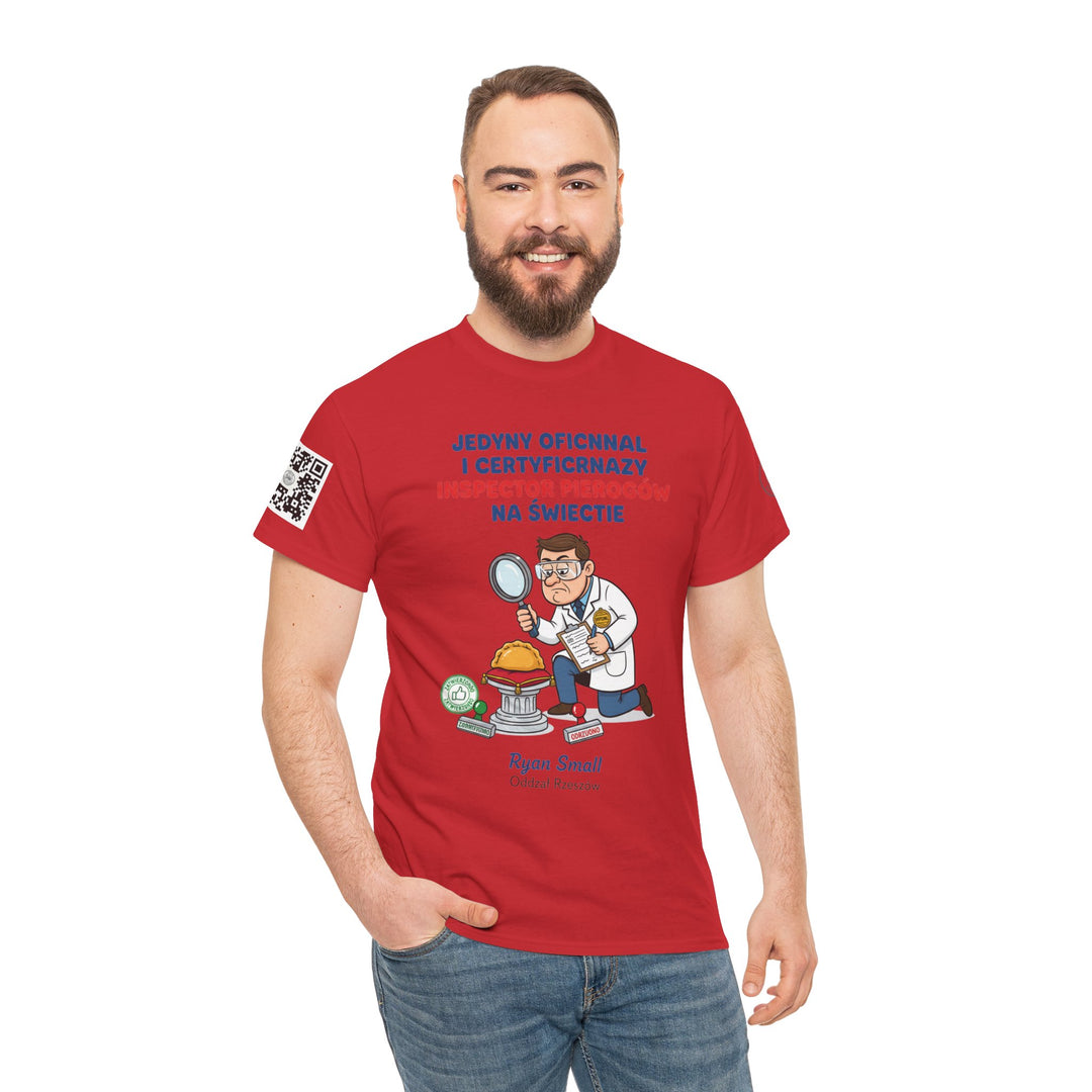 Red graphic T-shirt by S&amp;W Gallus, featuring a cartoon pierogi inspector and Polish text, worn with blue jeans.