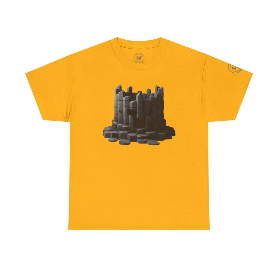 Mustard yellow t-shirt by S&amp;W Gallus featuring a dark grey stone tower graphic on the front.