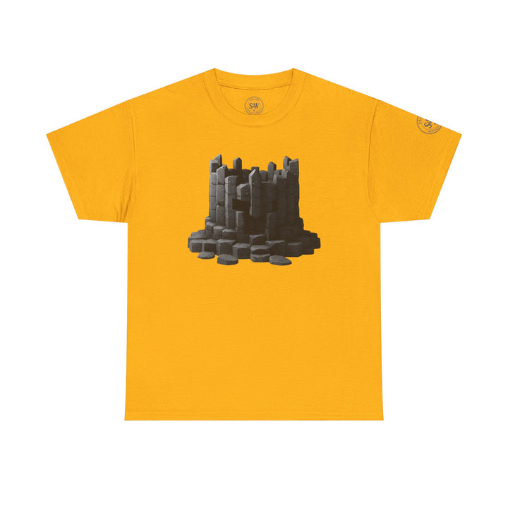 Mustard yellow t-shirt by S&amp;W Gallus featuring a dark grey stone tower graphic on the front.