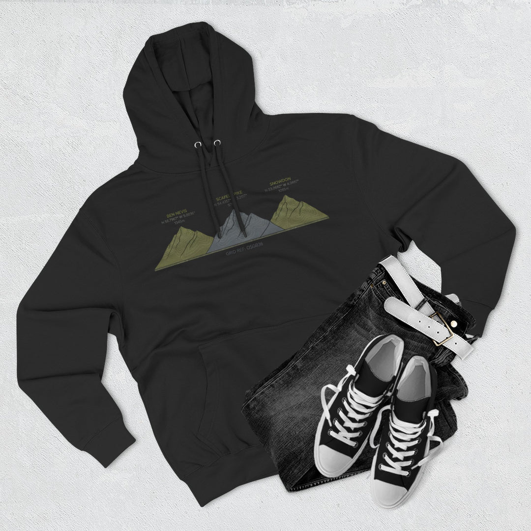 Three Peaks Challenge Graphic Hoodie — Retro UK Mountain Heritage Pullover