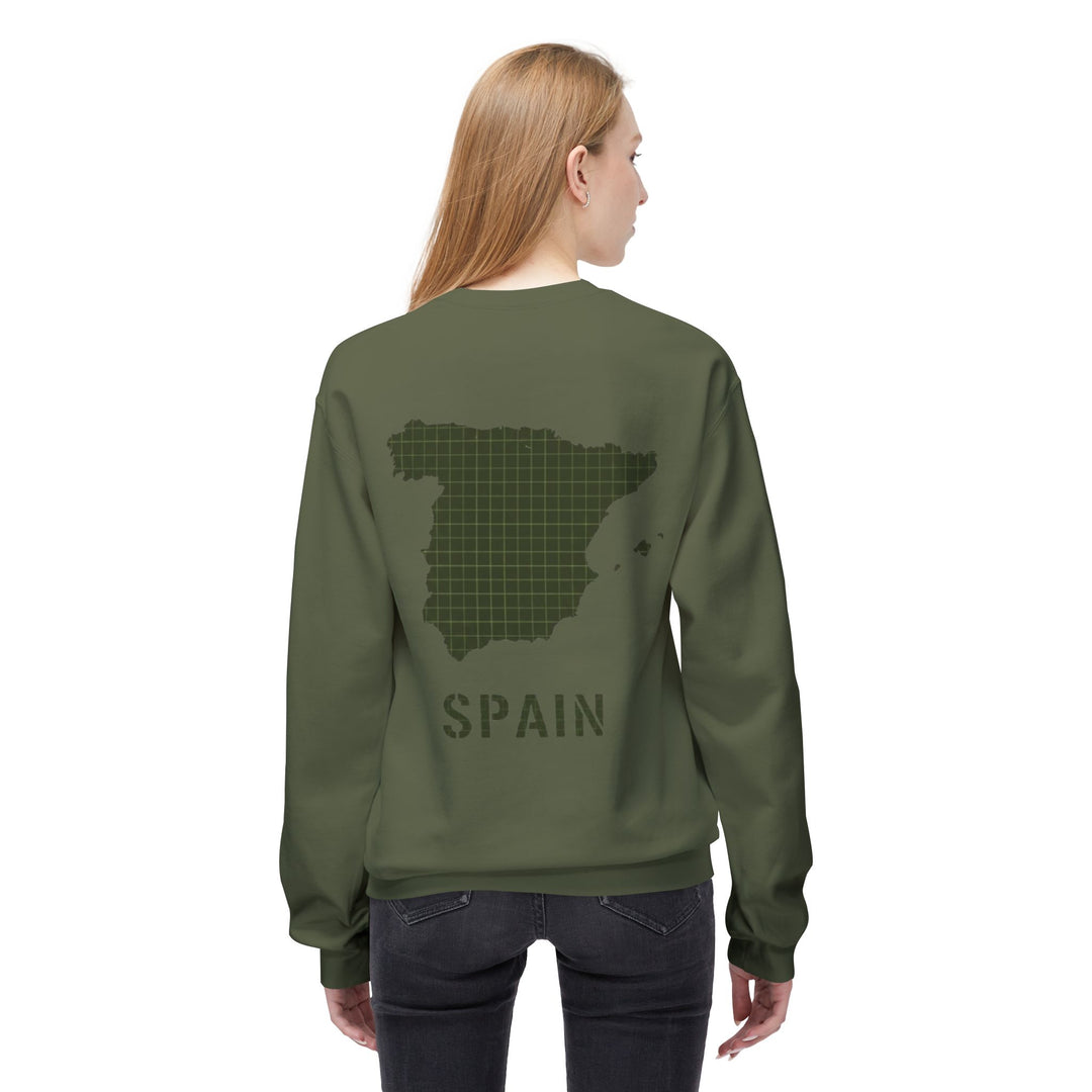 Spain Map Crewneck Sweatshirt — Military Green Grid Spain Graphic