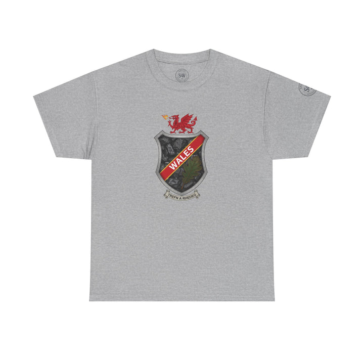 Heather gray t-shirt by S&amp;W Gallus, featuring a Welsh shield crest design with coal, oak leaf, and dragon details.