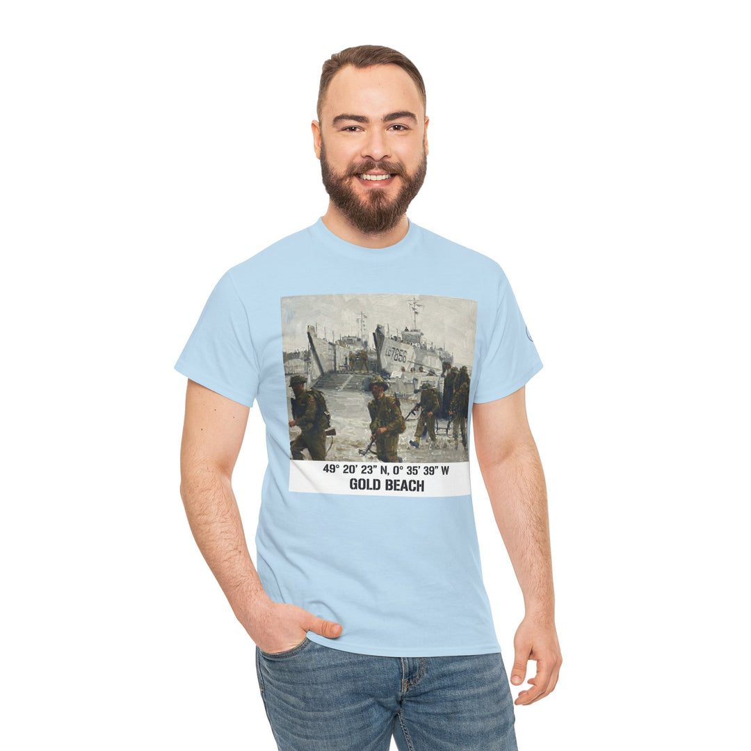 Light blue t-shirt by Veteran owned, featuring a WWII Gold Beach landing graphic and worn with jeans.