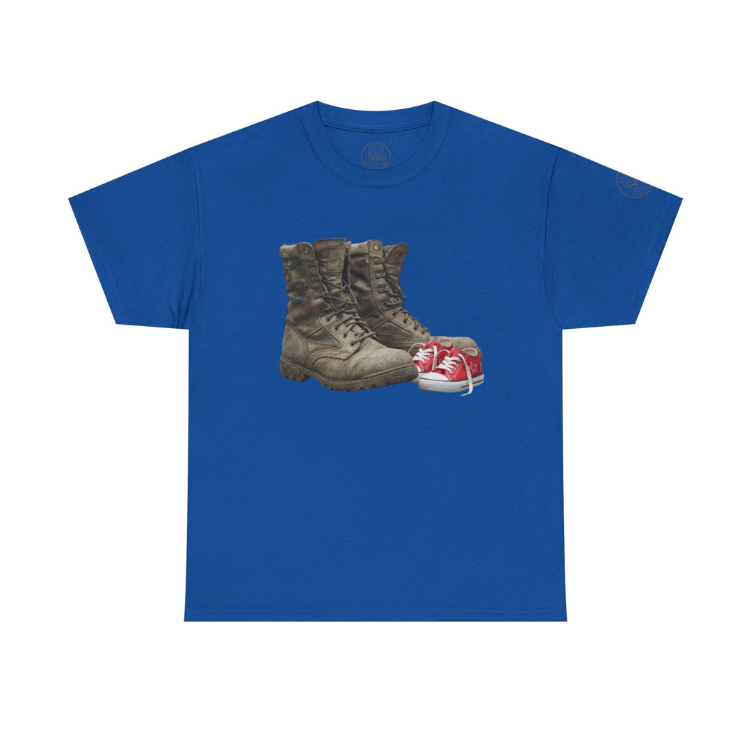 Blue T-shirt by S&amp;W Gallus with combat boots and baby sneakers printed on the front.