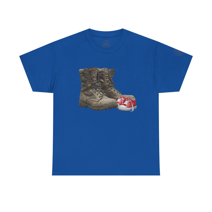 Blue T-shirt by S&amp;W Gallus with combat boots and baby sneakers printed on the front.