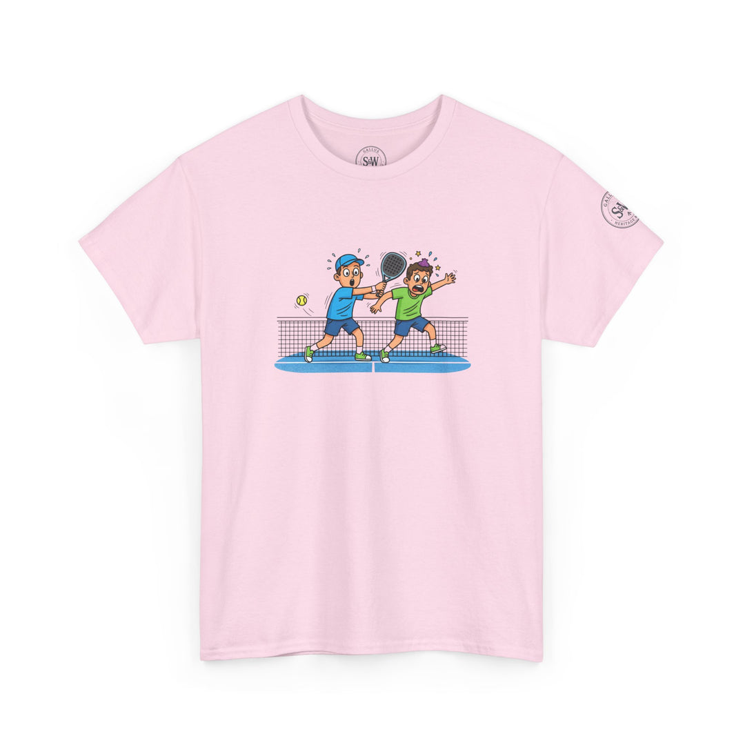 Pink graphic tee by S&amp;W Gallus featuring two cartoon boys playing padel.