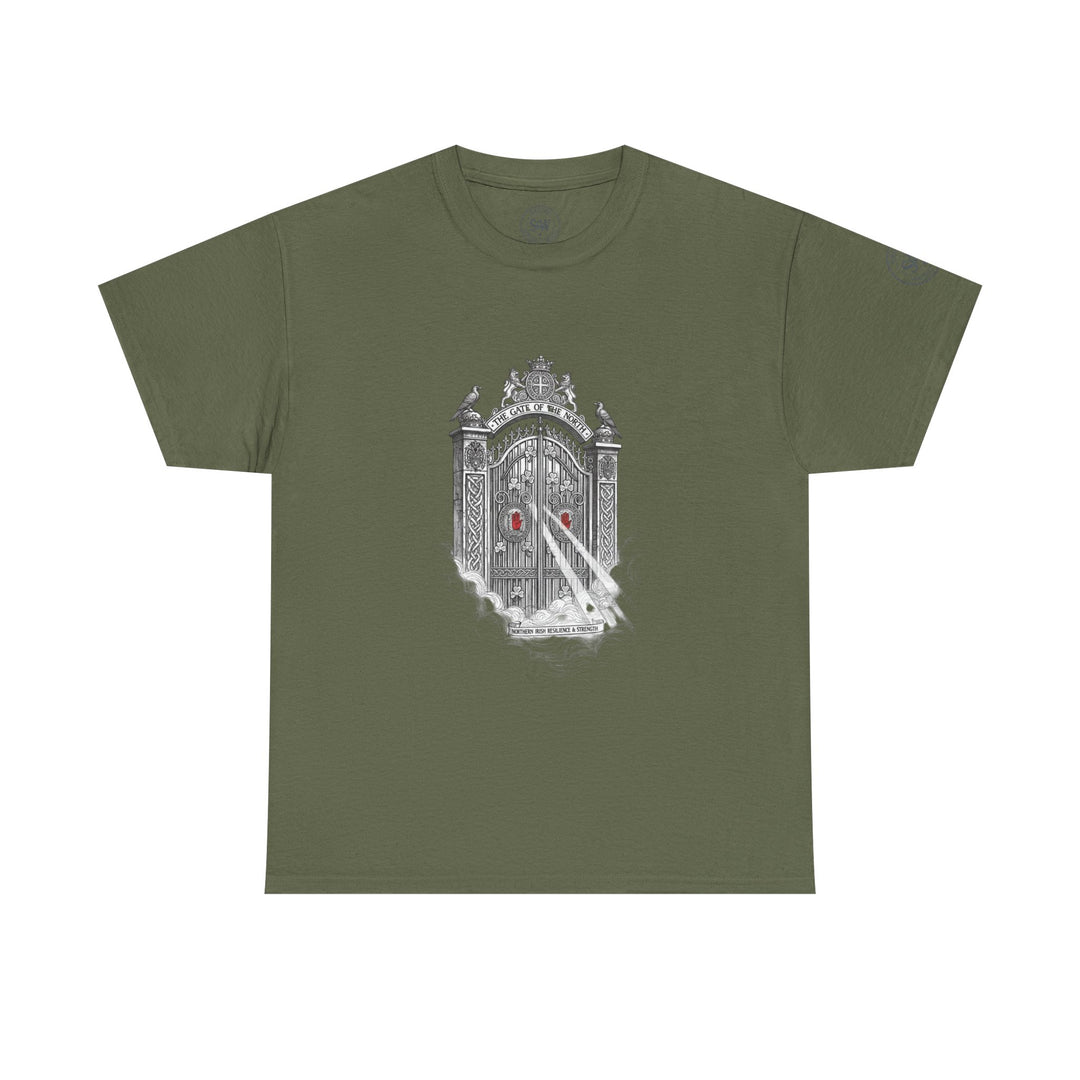 Olive green t-shirt by S&amp;W Gallus featuring "The Gate of the North" graphic print in black and white.
