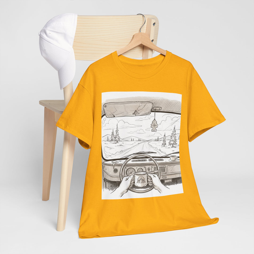 Scenic Drive Van Illustration Tee – soft cotton with a detailed van and landscape design. Perfect for road trips, outdoor adventures, and casual wear.
