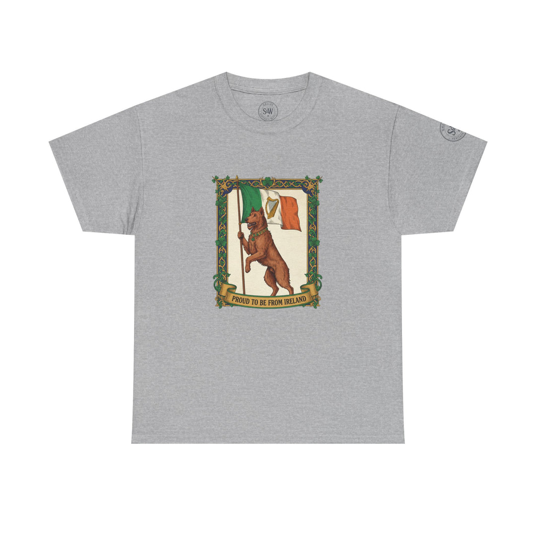 Gray t-shirt from S&amp;W Gallus, featuring a dog holding an Irish flag with "Proud to be from Ireland" text.
