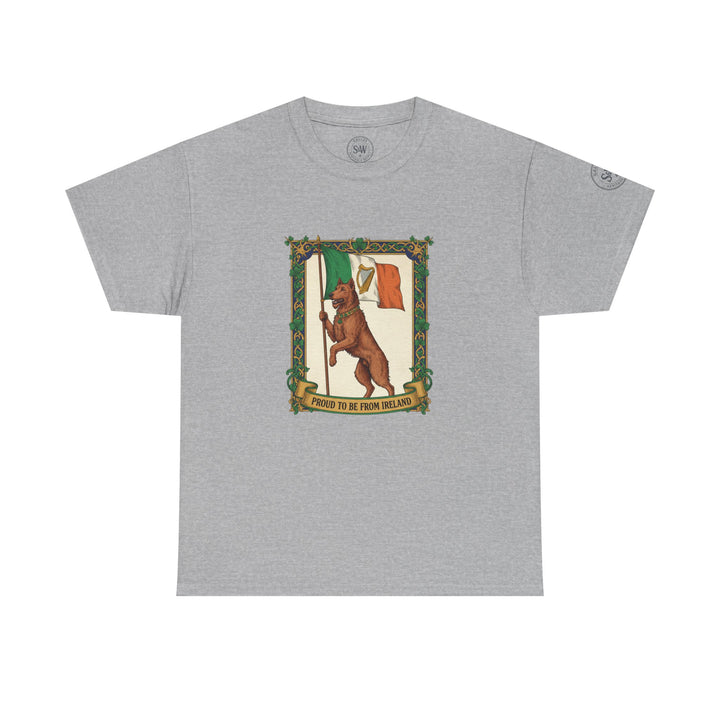 Gray t-shirt from S&amp;W Gallus, featuring a dog holding an Irish flag with "Proud to be from Ireland" text.