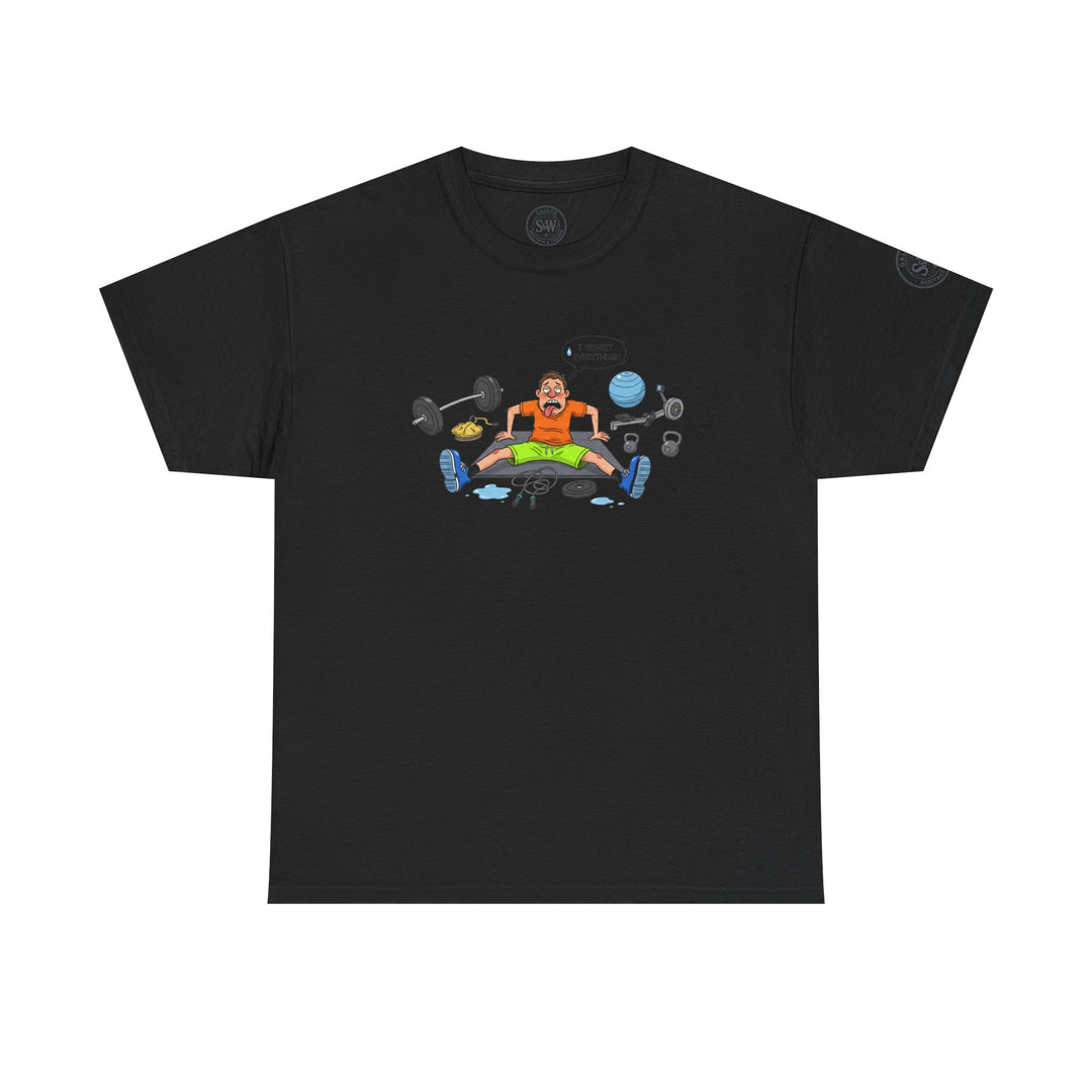 Black t-shirt with gym cartoon graphic by S&amp;W Gallus, featuring short sleeves and a round neckline.