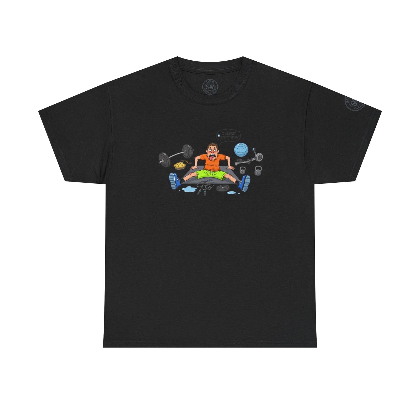 Black t-shirt with gym cartoon graphic by S&W Gallus, featuring short sleeves and a round neckline.