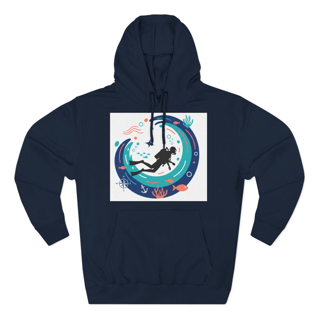 Navy hoodie by S&amp;W Gallus, featuring a diver surrounded by sea life graphics in a square print.