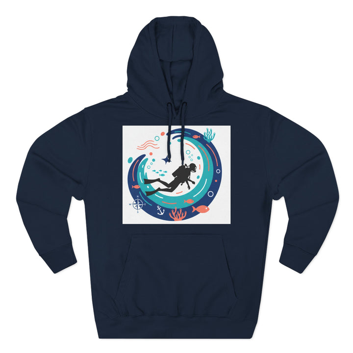 Navy hoodie by S&amp;W Gallus, featuring a diver surrounded by sea life graphics in a square print.