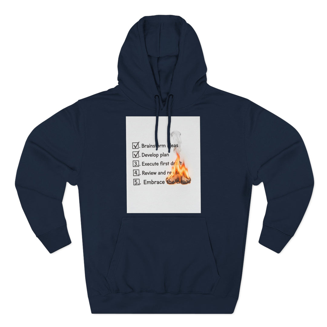 Navy blue hoodie by S&amp;W Gallus, featuring a printed checklist with fire graphics.