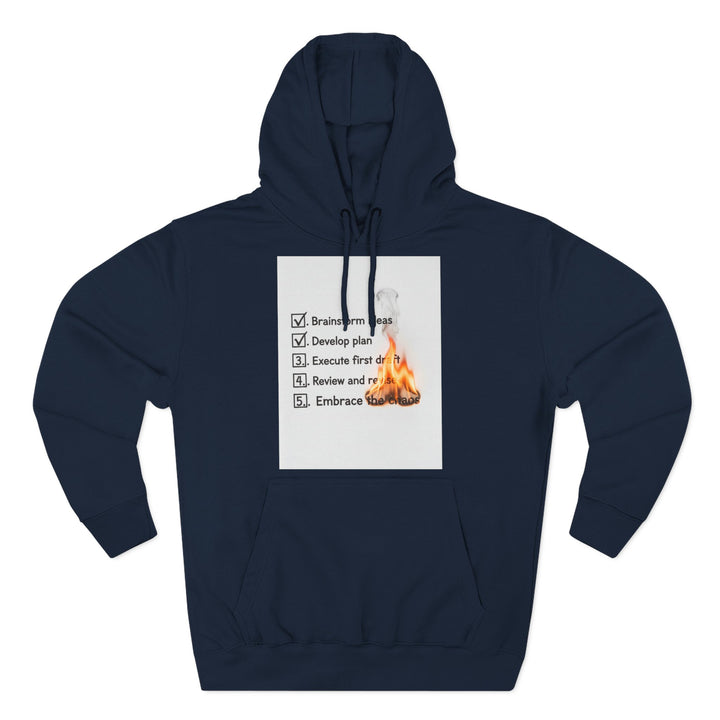 Navy blue hoodie by S&amp;W Gallus, featuring a printed checklist with fire graphics.