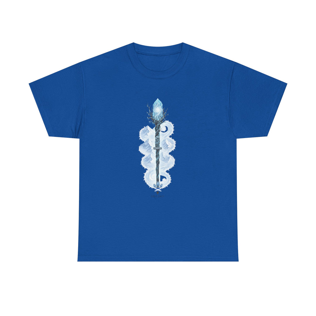 Blue t-shirt by S&amp;W Gallus featuring a staff with a crystal top and mountain range details.