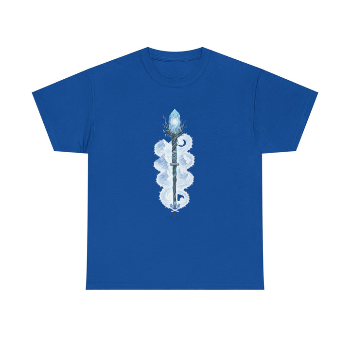 Blue t-shirt by S&amp;W Gallus featuring a staff with a crystal top and mountain range details.