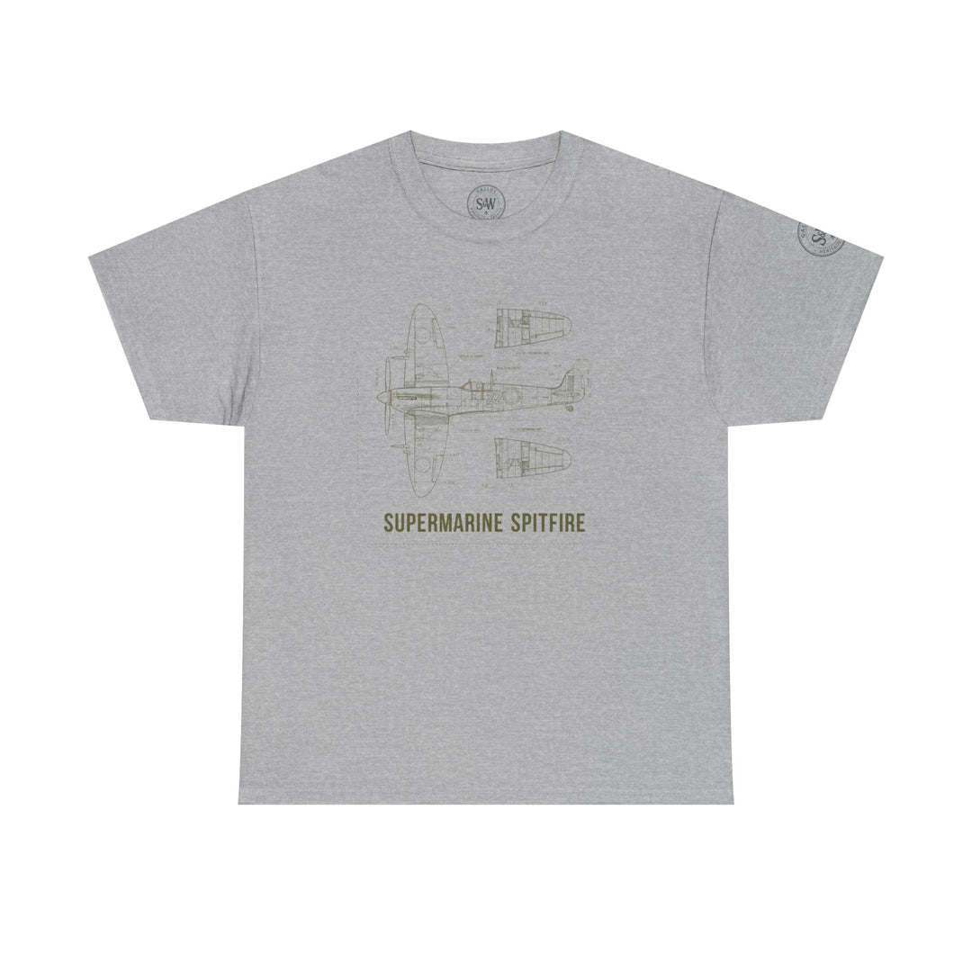 Gray t-shirt by S&amp;W Gallus featuring a schematic diagram of the Supermarine Spitfire aircraft on the front.