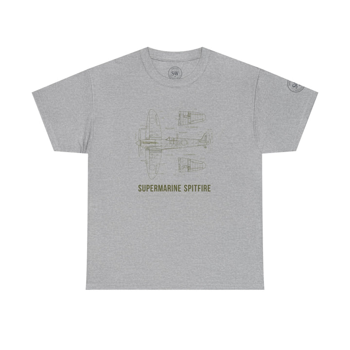 Gray t-shirt by S&amp;W Gallus featuring a schematic diagram of the Supermarine Spitfire aircraft on the front.