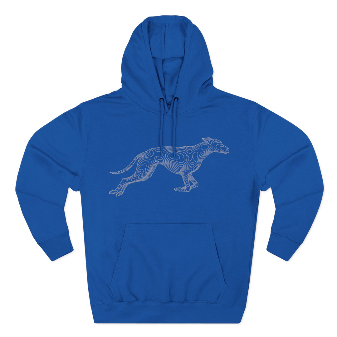Blue hoodie by S&amp;W Gallus with a greyhound design of topographic lines on the front.