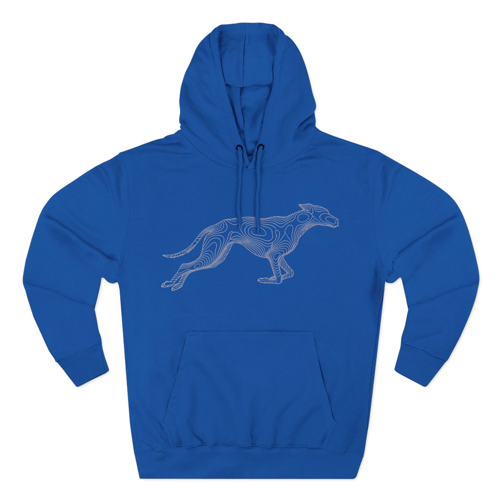 Blue hoodie by S&W Gallus with a greyhound design of topographic lines on the front.