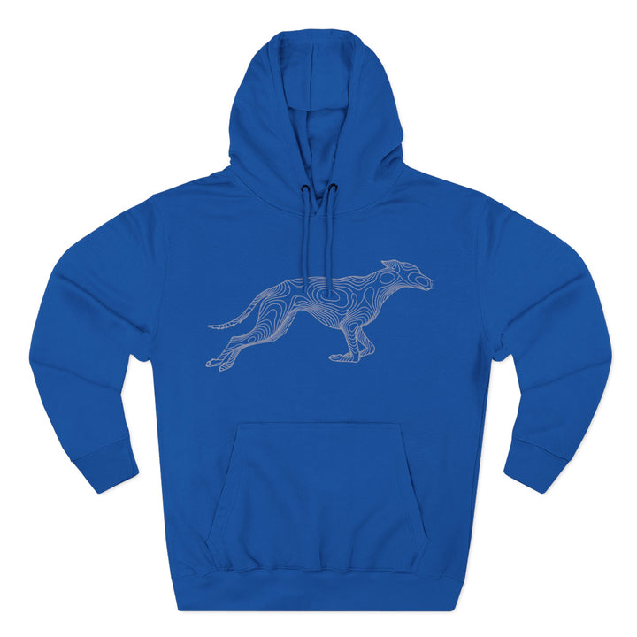Blue hoodie by S&amp;W Gallus with a greyhound design of topographic lines on the front.