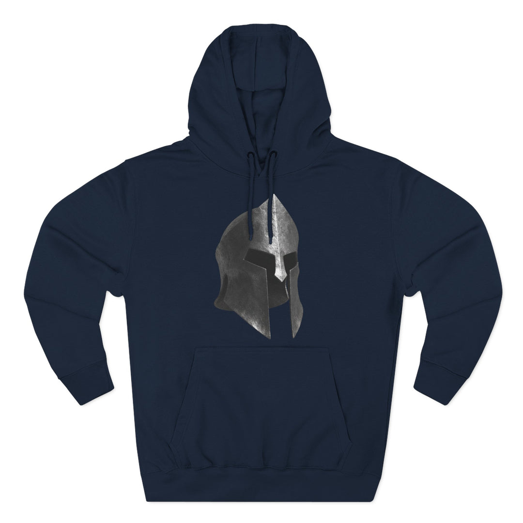 Navy fleece hoodie by S&amp;W Gallus featuring a stylized graphic of a Spartan helmet on the front.