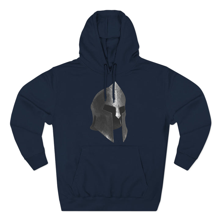 Navy fleece hoodie by S&amp;W Gallus featuring a stylized graphic of a Spartan helmet on the front.