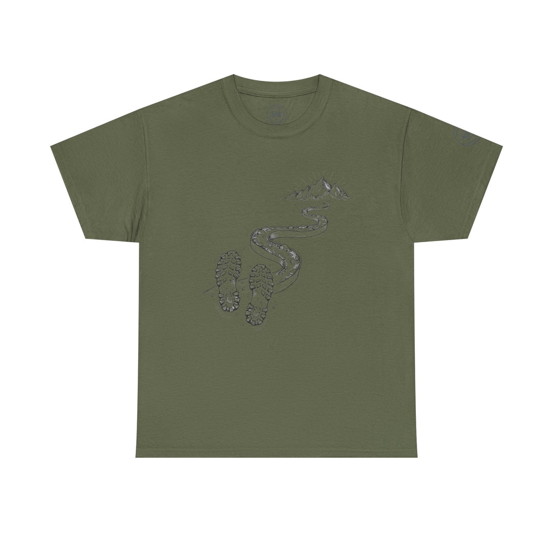 Olive green t-shirt by S&amp;W Gallus featuring a drawing of hiking trails and mountains.
