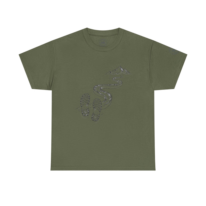Olive green t-shirt by S&amp;W Gallus featuring a drawing of hiking trails and mountains.
