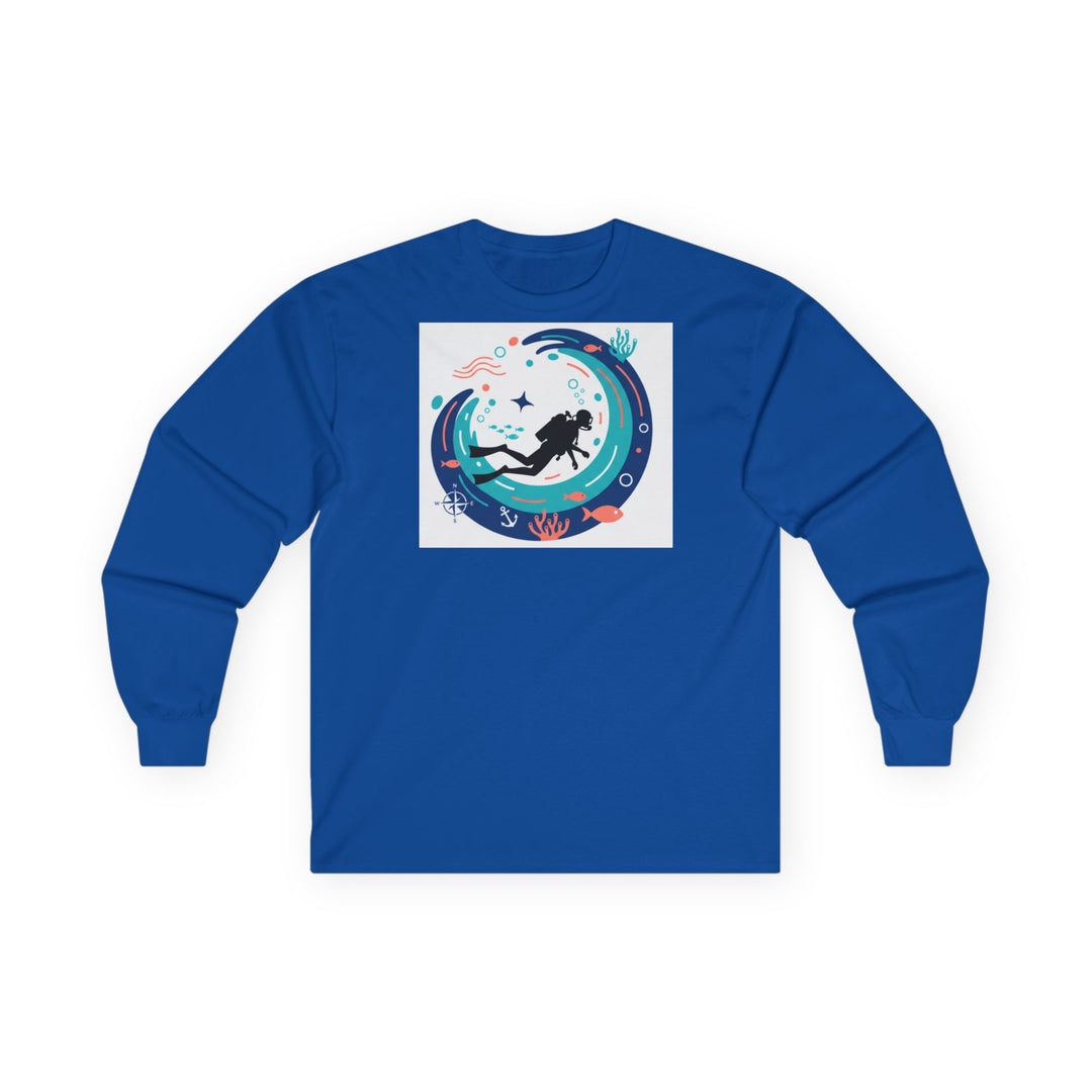 Blue long sleeve tee by S&amp;W Gallus featuring a scuba diver and nautical graphics within a wave design.
