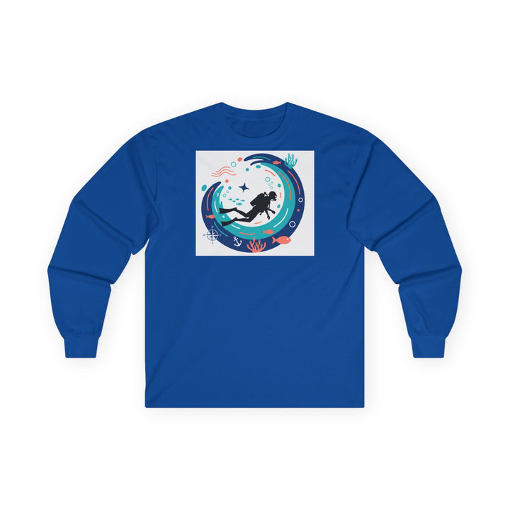 Blue long sleeve tee by S&amp;W Gallus featuring a scuba diver and nautical graphics within a wave design.
