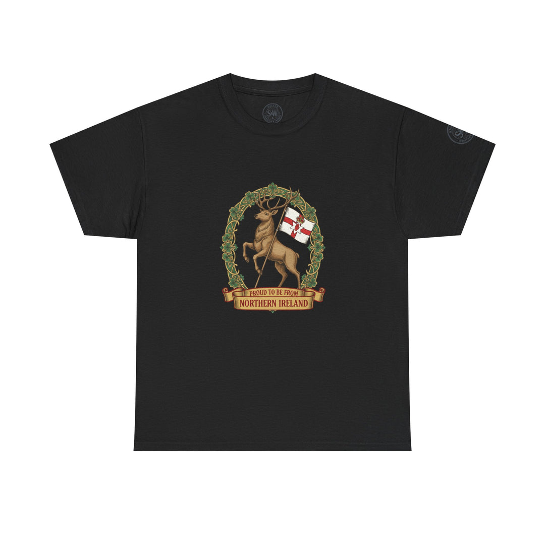Black t-shirt by S&amp;W Gallus featuring a Northern Ireland stag crest graphic on the chest.