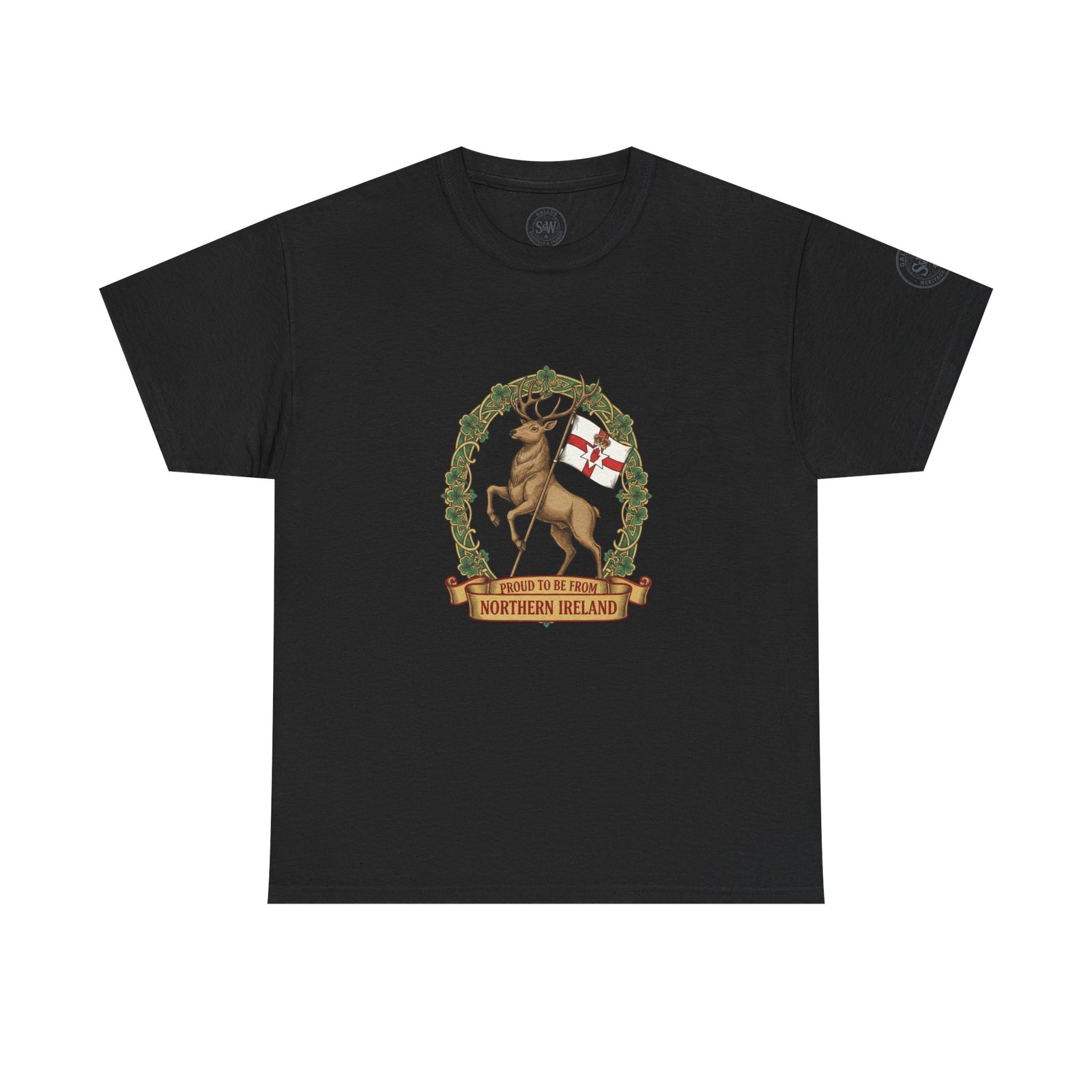 Black t-shirt by S&W Gallus featuring a Northern Ireland stag crest graphic on the chest.