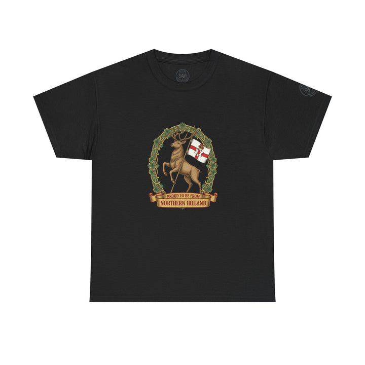 Black t-shirt by S&amp;W Gallus featuring a Northern Ireland stag crest graphic on the chest.