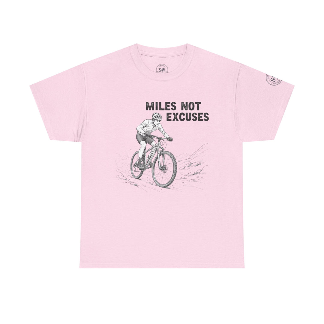 Light pink t-shirt by S&amp;W Gallus, featuring a graphic of a cyclist and the phrase "Miles Not Excuses".