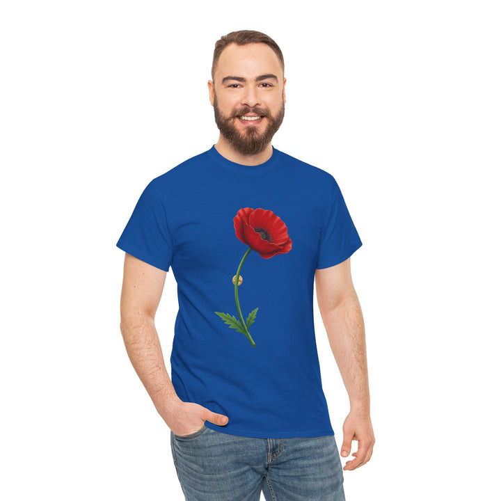 Blue t-shirt by S&amp;W Gallus featuring a red poppy illustration, worn with jeans.