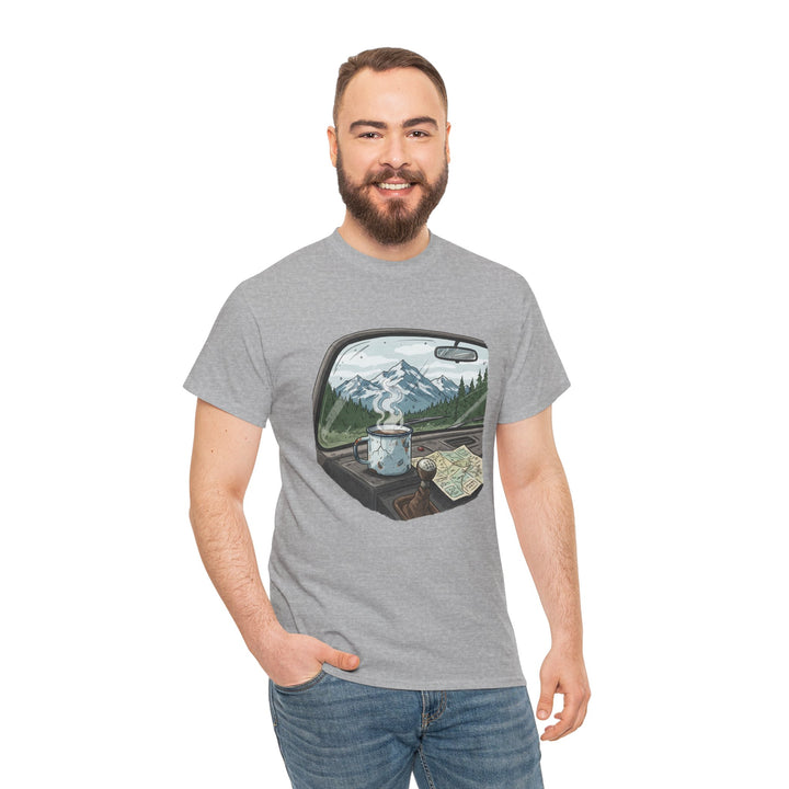 Van Roadtrip View T-Shirt featuring a scenic travel-inspired design. Soft cotton comfort perfect for van life, road trips, and outdoor adventures.