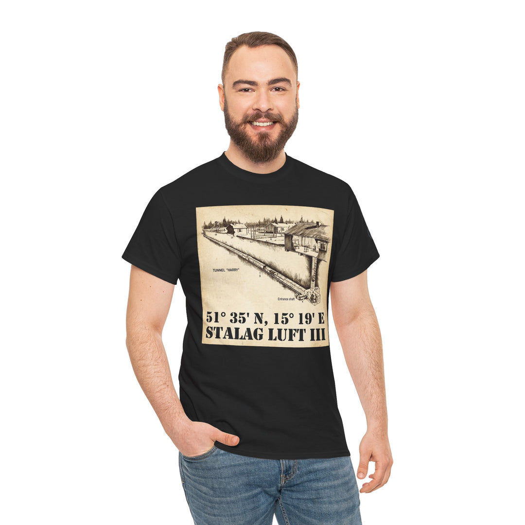 Black graphic t-shirt by Veteran Owned, featuring a Stalag Luft III design, worn with jeans.