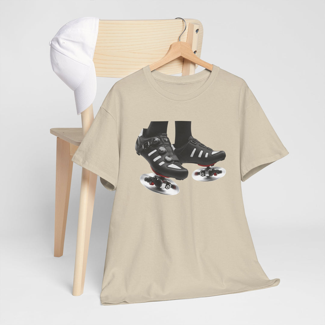 Spin Shoes Tee – soft, breathable cotton featuring a cycling shoes graphic. Perfect for spin classes, indoor workouts, and casual activewear.
